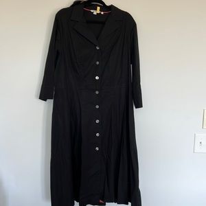 Boden black midi shirt dress. Sz 18L. 3/4 sleeves. Tie black belt. Button front